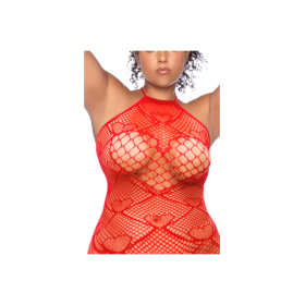 Bodystocking grande taille en résille rouge à motif cœur, orné de strass, ouvert à l’entrejambe - Mapalé